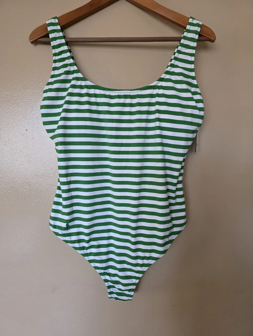Polo Ralph Lauren Green White Stripe  Swimsuit L Pony Preppy Coastal Old Money